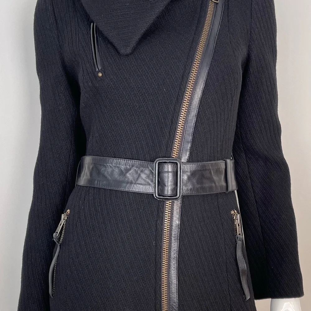 MACKAGE Funnel Neck Asymmetrical Zip Belted Wool Coat in Black - Picture 7 of 12